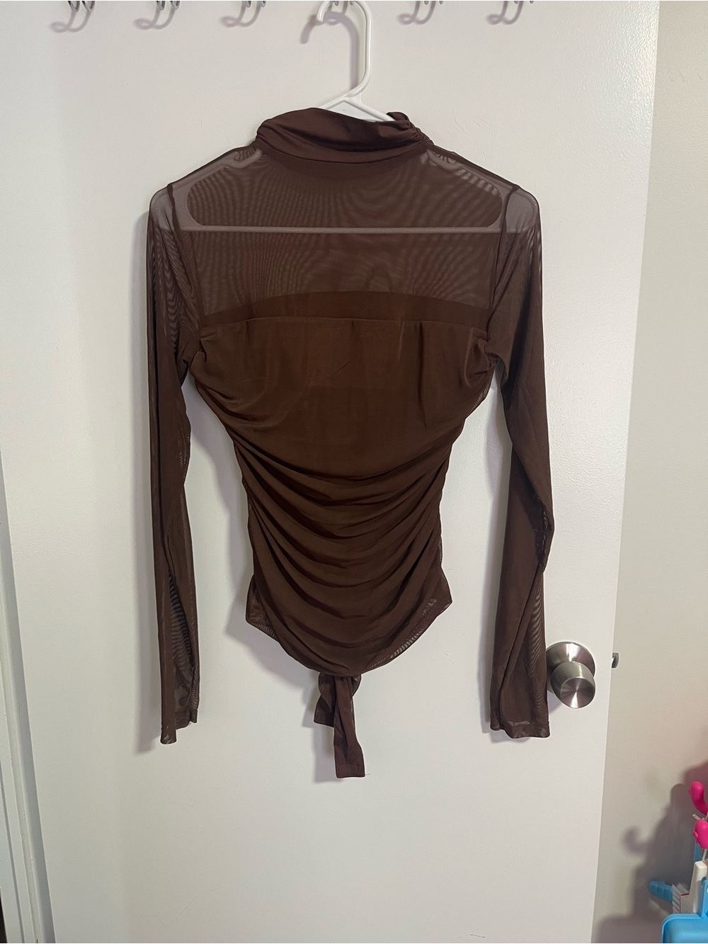 Brown Sheer Ruched Long-Sleeve Snap Closure Bodysuit